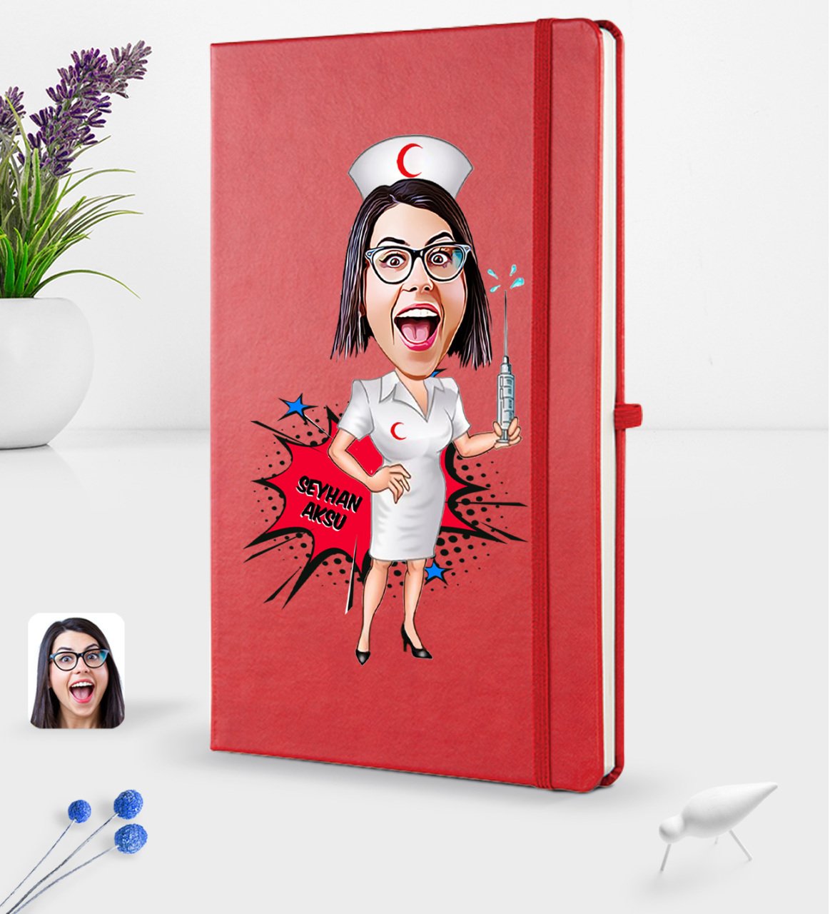 Kişiye Özel Kadın Hemşire Karikatürlü Kırmızı Termo Deri Defter 16x24cm Model 1