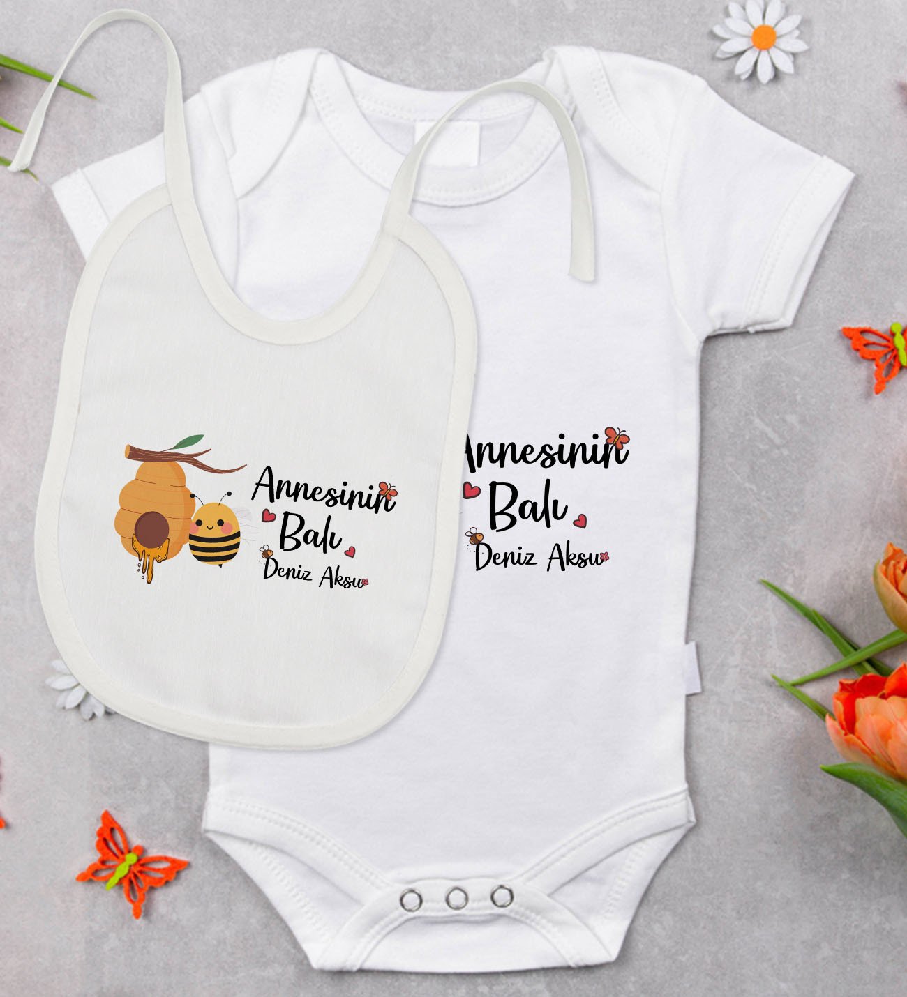 BK Kids Kişiye Özel Annesinin Balı Tasarımlı Bebek Body Zıbın ve Mama Önlüğü Hediye Seti - Model 1