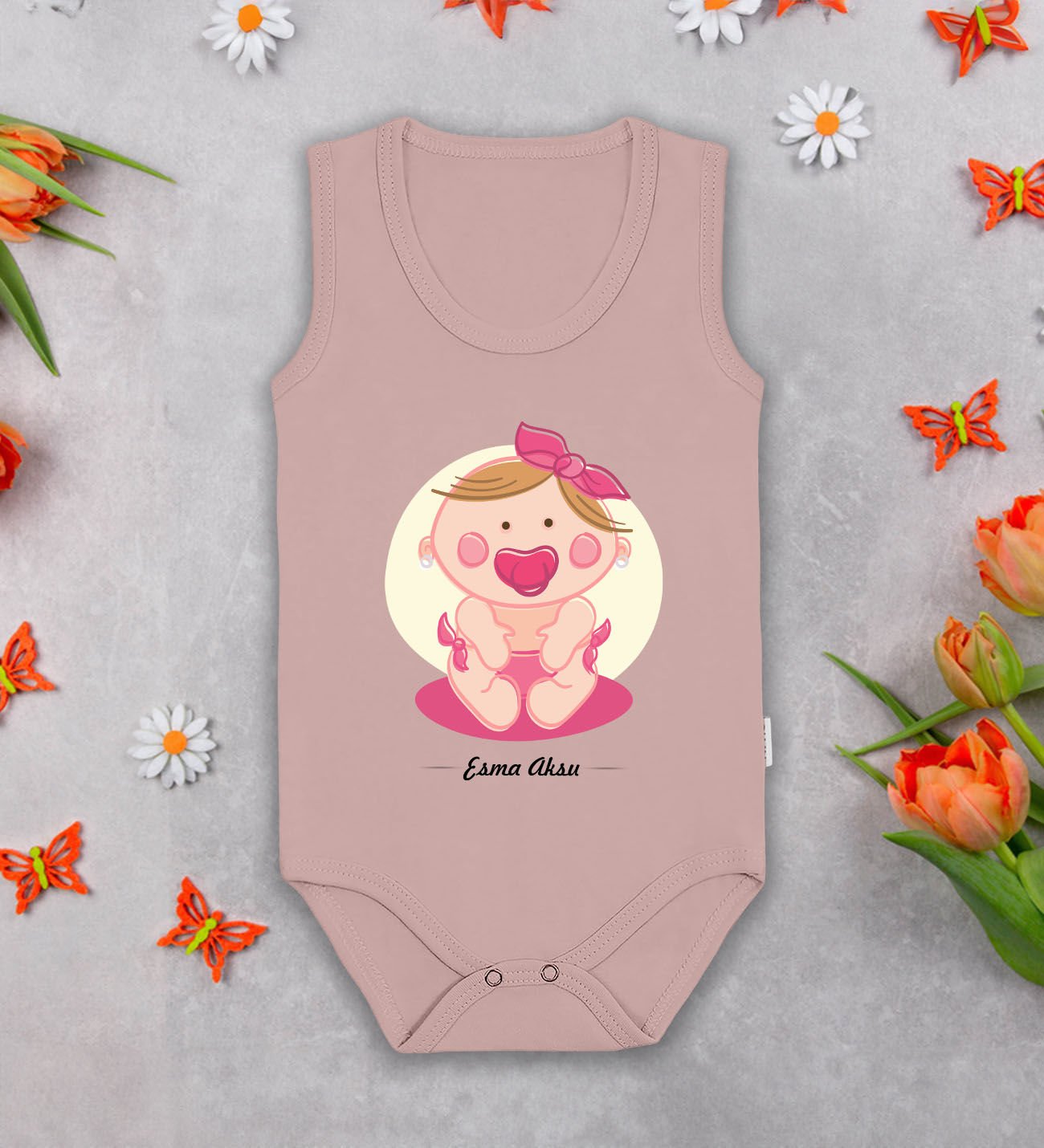BK Kids Kişiye Özel İsimli Pembe %100 Pamuklu Askılı Sıfır Kol Bebek Body Zıbın-4, Yeni Doğan Bebek Hediyesi