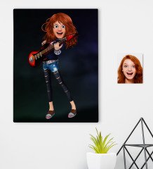 Kişiye Özel Kadın Gitarist Animasyon Karikatürlü Kanvas Tablo 30x50cm -12