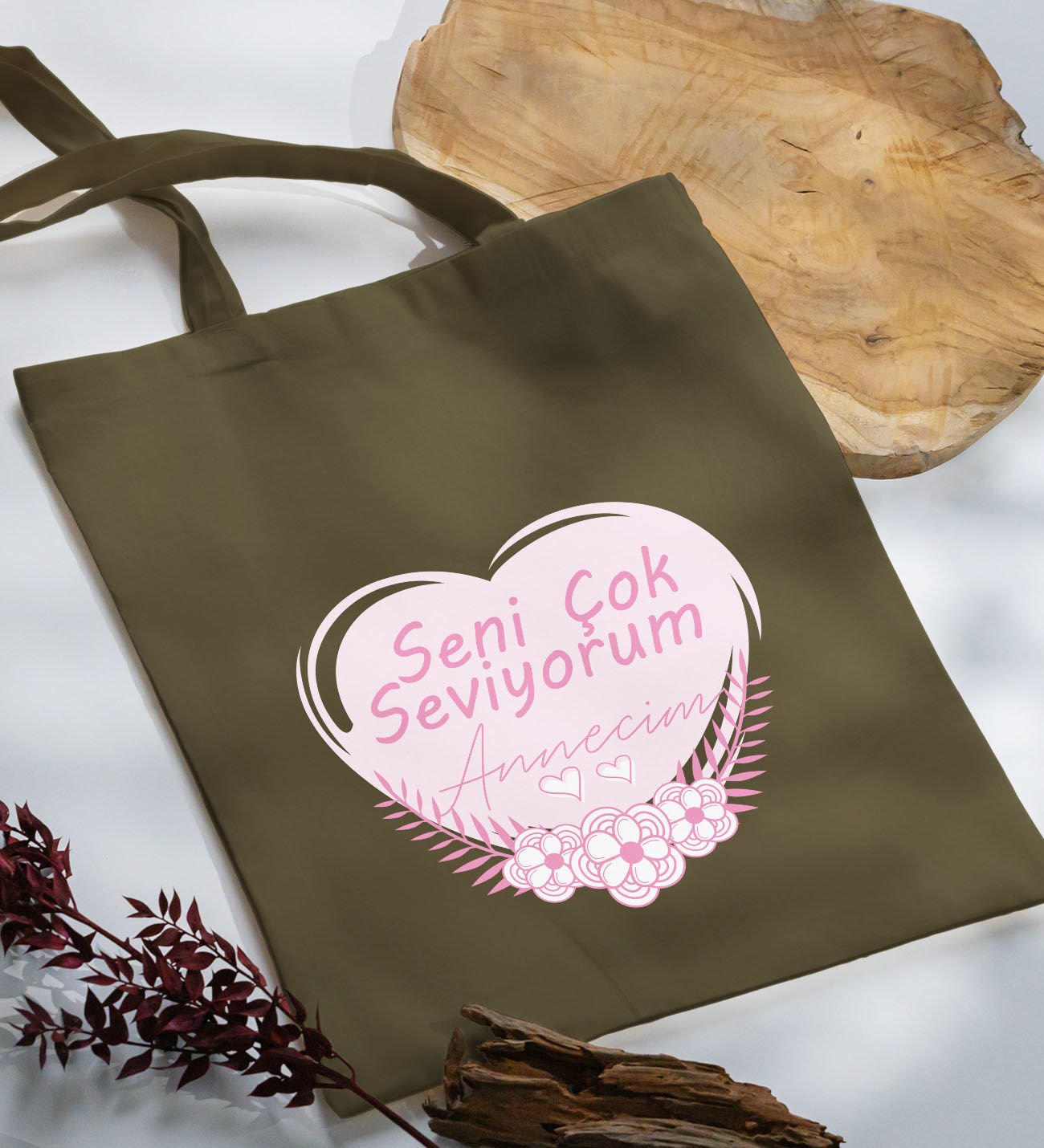 BK Gift Anneler Günü Tasarımlı Haki Kumaş Bez Çanta, Baskılı Omuz Çantası, Alışveriş Çantası, Anneler Günü Hediyesi, Anneye Hediye-1