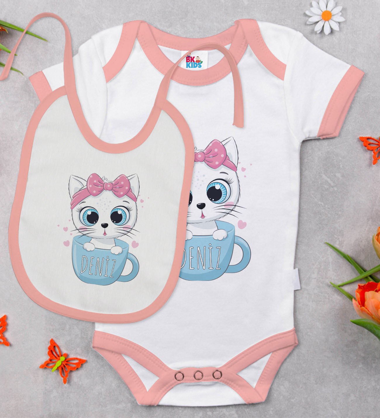 BK Kids Kişiye Özel İsimli Pembe Bebek Body Zıbın ve Mama Önlüğü Hediye Seti-5