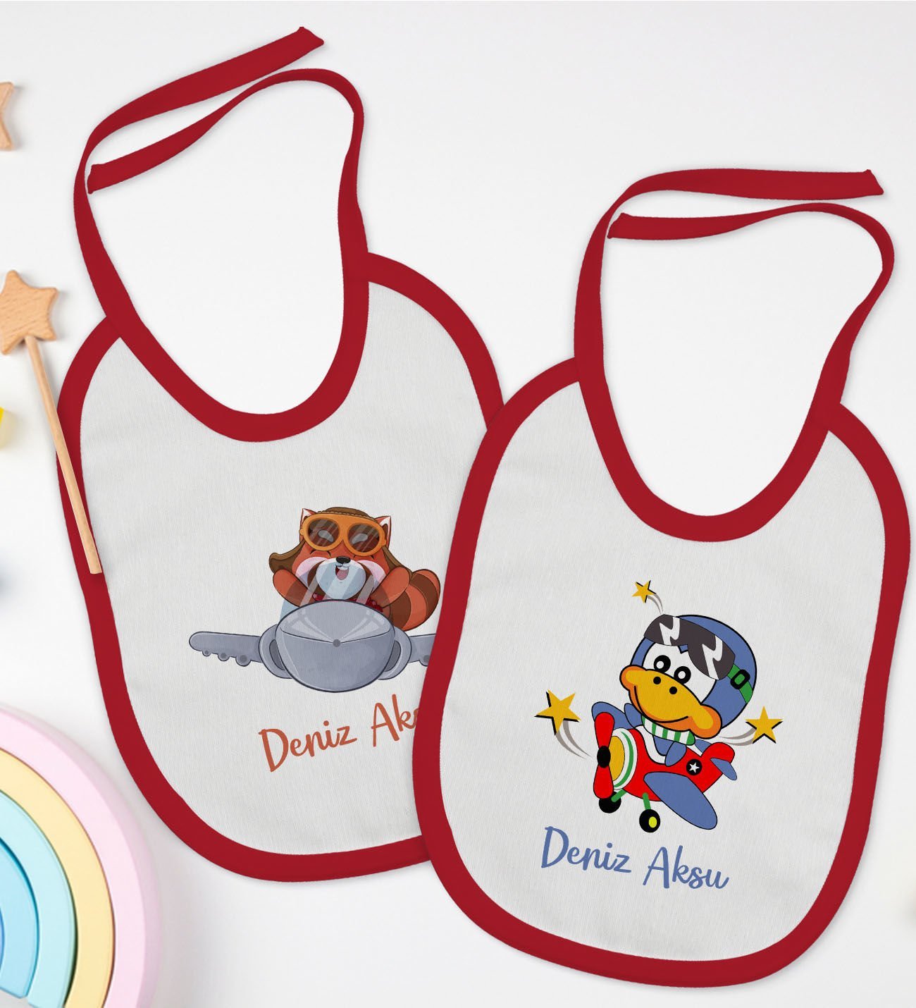 BK Kids Kişiye Özel Sevimli Pilot Tasarımlı 2’li Kırmızı Mama Önlüğü-1