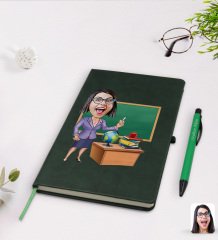 Kişiye Özel Kadın Öğretmen Karikatürlü Yeşil Termo Deri Defter Kalem Seti Model 1