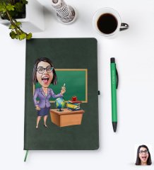 Kişiye Özel Kadın Öğretmen Karikatürlü Yeşil Termo Deri Defter Kalem Seti Model 1