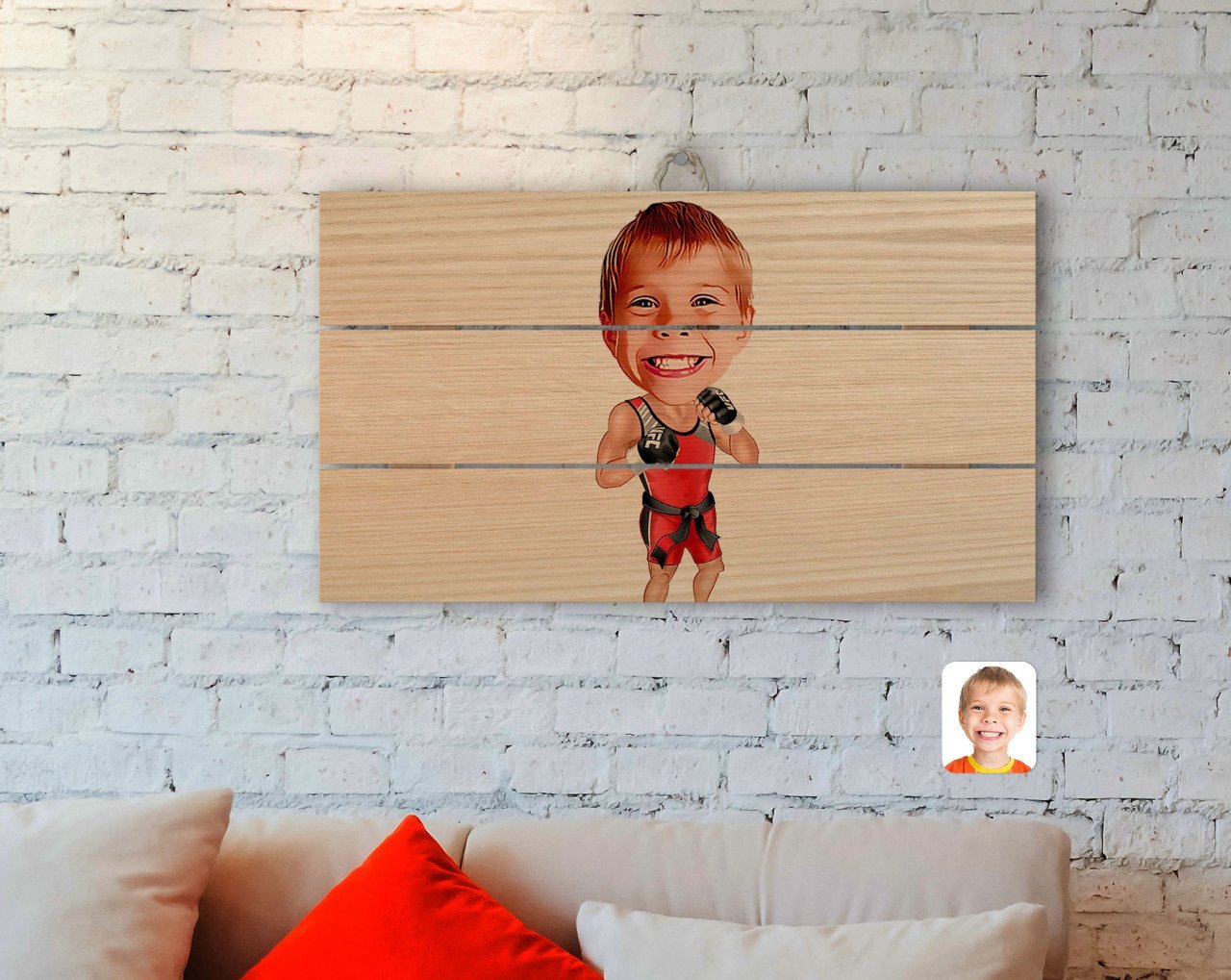 Kişiye Özel Çocuk Kick Box Karikatürlü Otantik Ahşap Palet Tablo-1