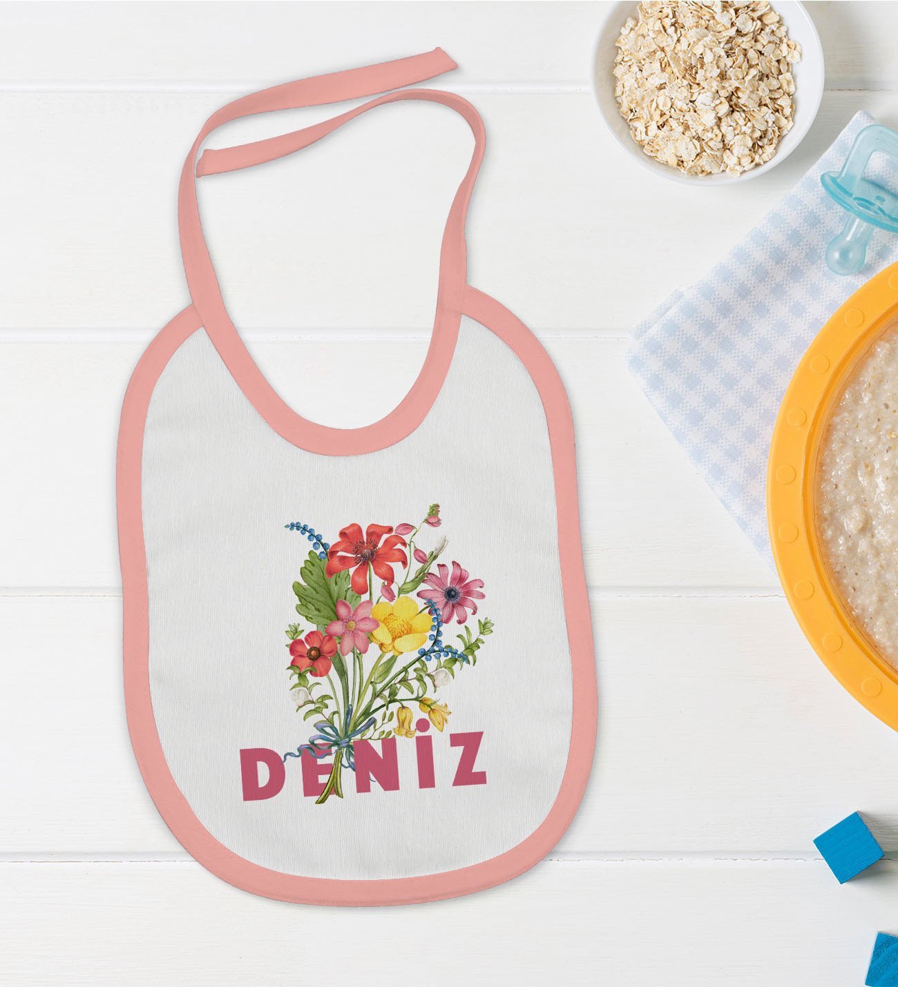 BK Kids Kişiye Özel Pembe Bebek Mama Önlüğü - Model 122