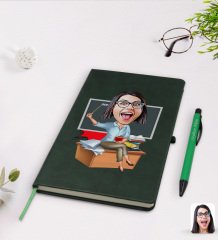 Kişiye Özel Kadın Öğretmen Karikatürlü Yeşil Termo Deri Defter Kalem Seti Model 2