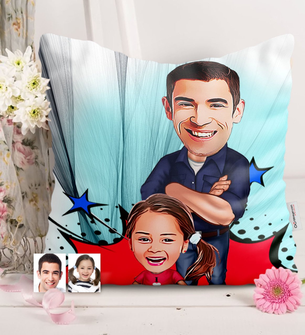 Kişiye Özel Baba Kız Karikatürlü Saten Yastık - 2