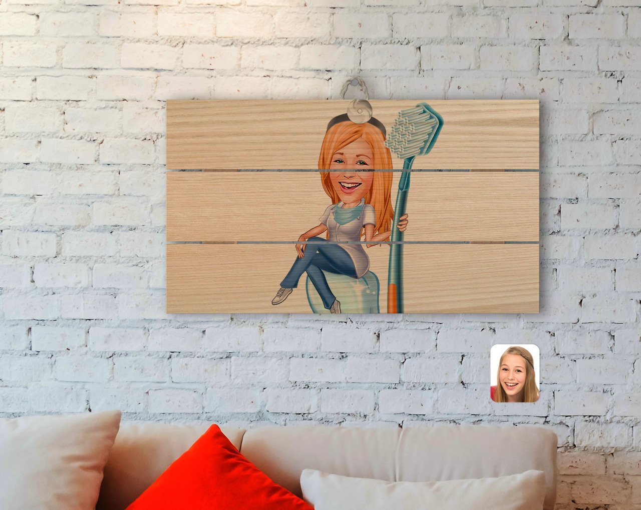 Kişiye Özel Kadın Diş Hekimi Karikatürlü Otantik Ahşap Palet Tablo-2