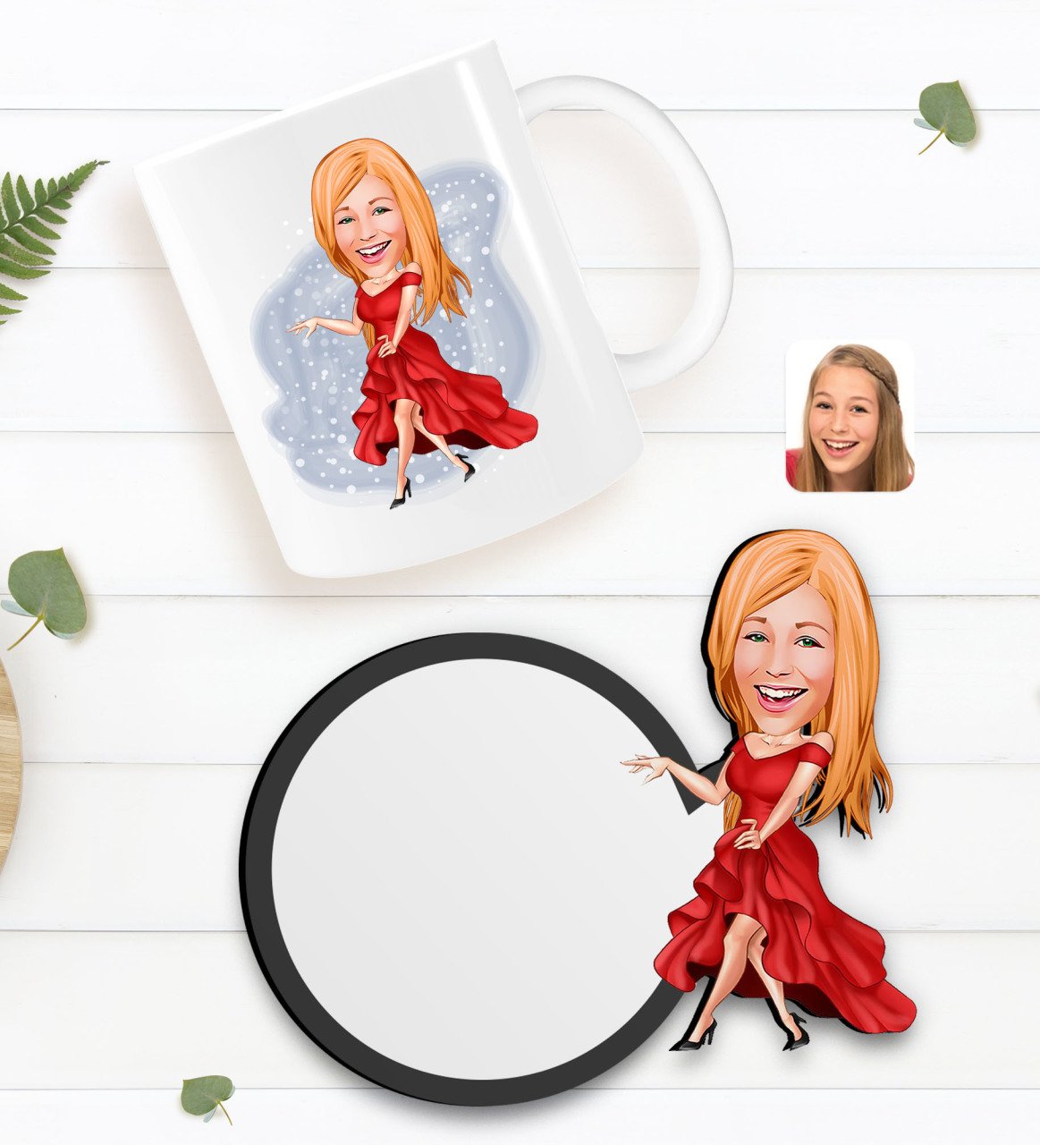 Kişiye Özel Kadın Manken Karikatürlü Beyaz Kupa ve Ahşap Bardak Altlığı Hediye Seti-1