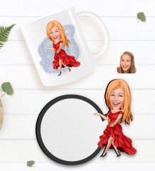 Kişiye Özel Kadın Manken Karikatürlü Beyaz Kupa ve Ahşap Bardak Altlığı Hediye Seti-1