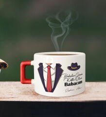 BK Gift Kişiye Özel Babalar Günü Tasarımlı Kırmızı Kulplu Çay & Kahve Fincanı-4, Babaya Hediye, Babalar Günü Hediyesi