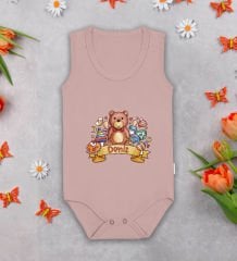 BK Kids Kişiye Özel İsimli Pembe %100 Pamuklu Askılı Sıfır Kol Bebek Body Zıbın-7, Yeni Doğan Bebek Hediyesi