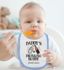 BK Kids Kişiye Özel Daddy's Drinking Buddy Tasarımlı Mavi Bebek Body Zıbın ve Mama Önlüğü Hediye Seti-1