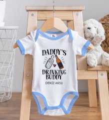 BK Kids Kişiye Özel Daddy's Drinking Buddy Tasarımlı Mavi Bebek Body Zıbın ve Mama Önlüğü Hediye Seti-1