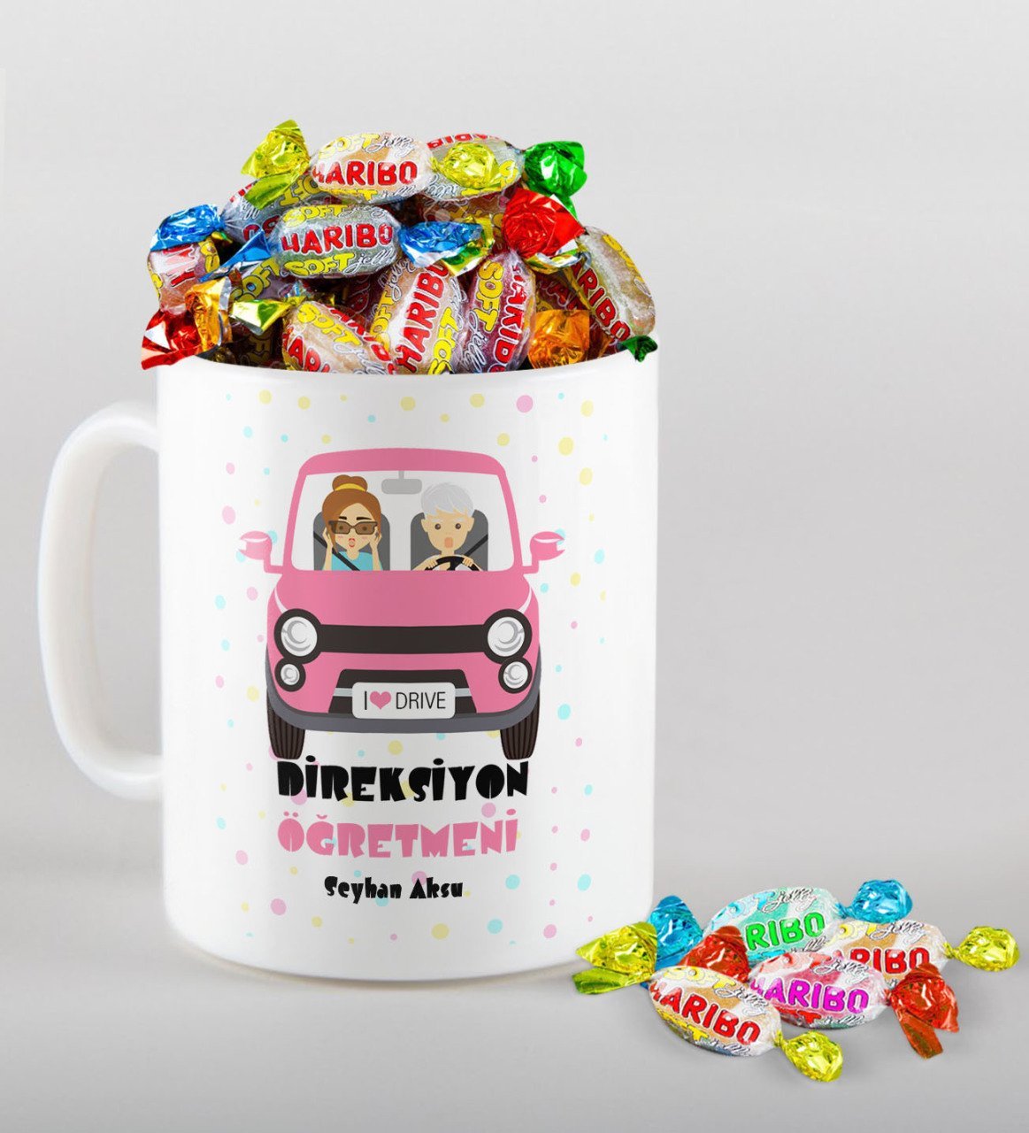 Kişiye Özel Direksiyon Öğretmeni Kupa ve Haribo Şeker Hediye Seti