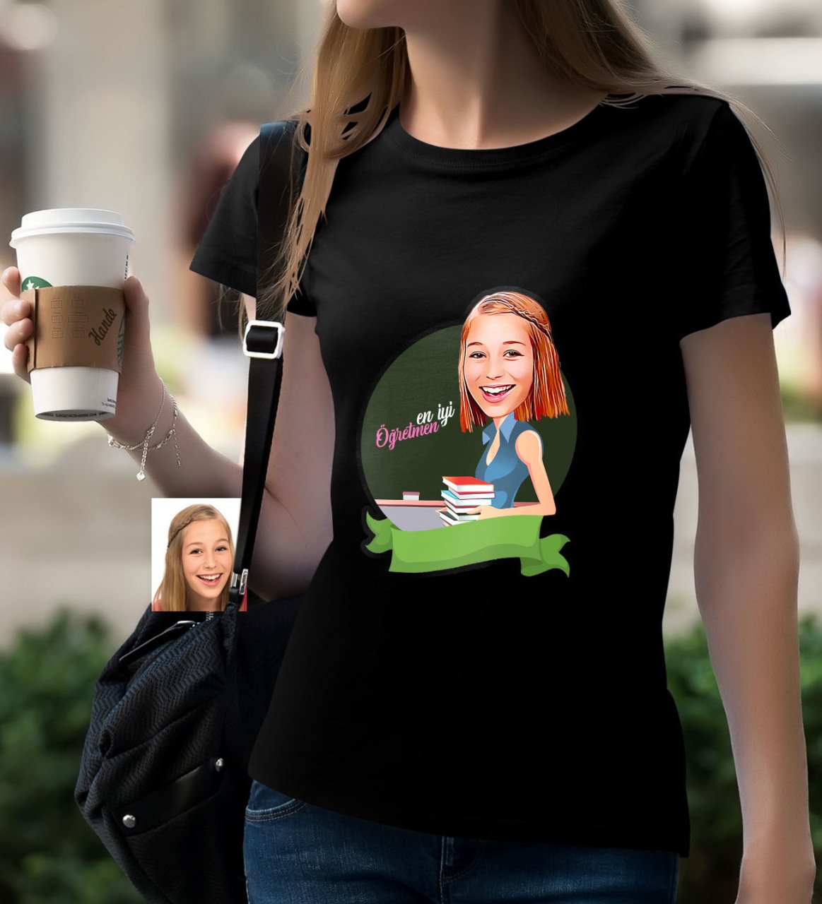 Kişiye Özel Bayan En İyi Öğretmen Karikatürlü Siyah T-Shirt