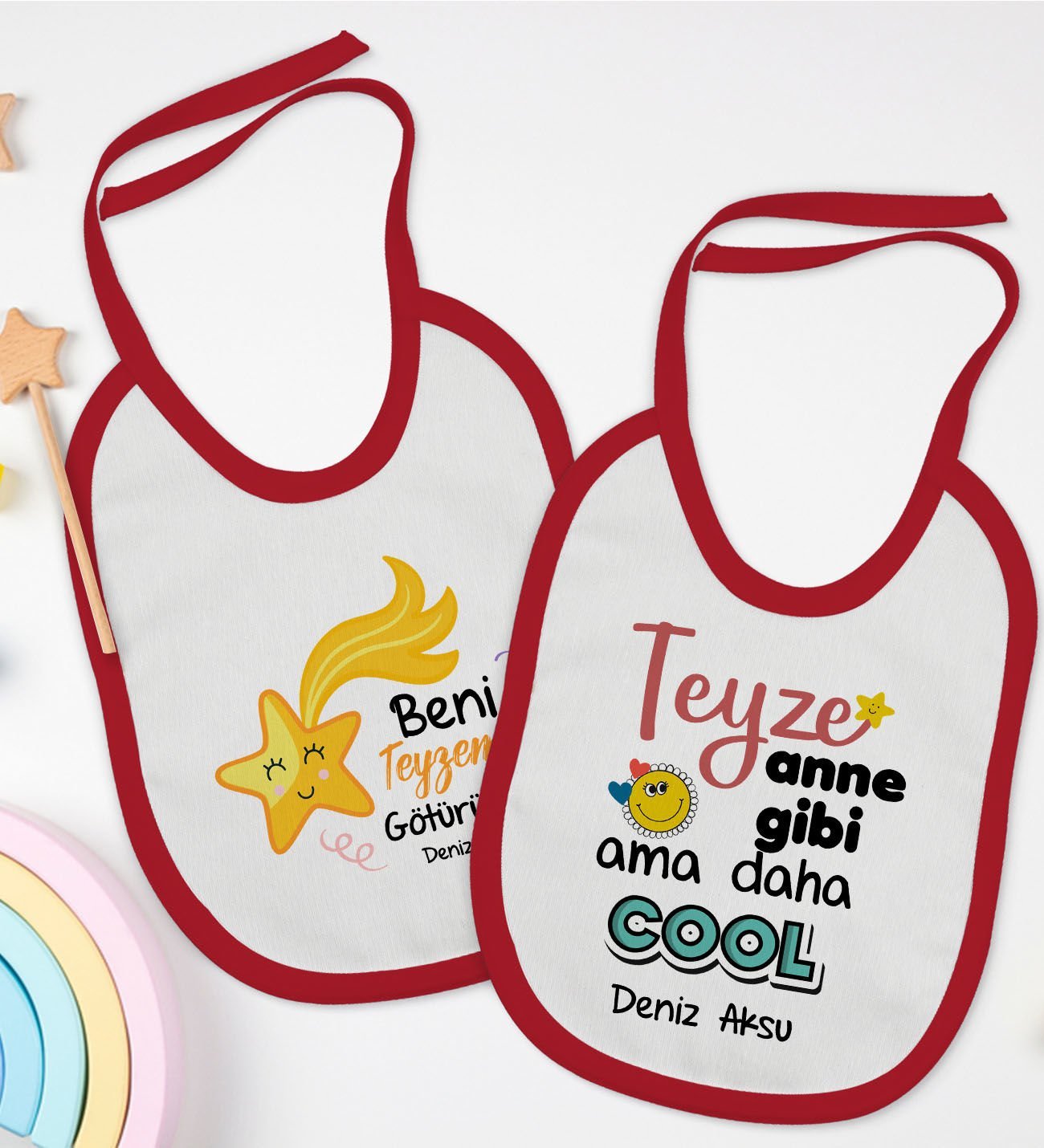 BK Kids Kişiye Özel Teyze Tasarımlı 2’li Kırmızı Mama Önlüğü-1