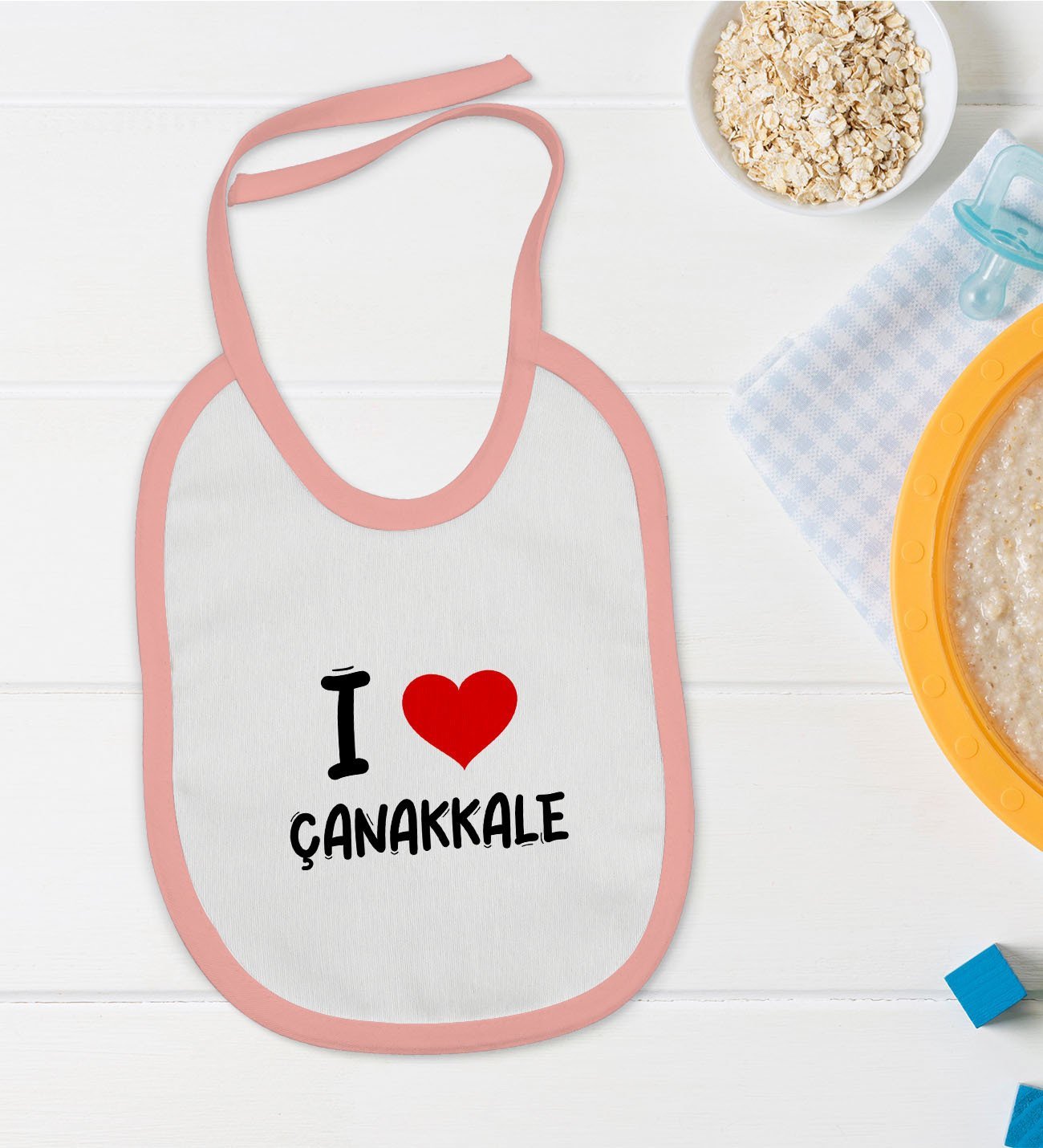 BK Kids I Love Çanakkale Tasarımlı Pembe Bebek Mama Önlüğü - Model 1
