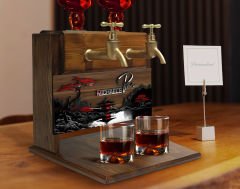 BK Gift Kişiye Özel Kabartma Manzara Tasarımlı İsimli Çift Musluklu Doğal Ahşap İçki Standı-7, İçki Standı, Doğum Günü Hediyesi, Ev Hediyesi