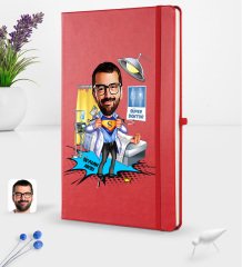 Kişiye Özel Erkek Doktor Karikatürlü Kırmızı Termo Deri Defter 16x24cm Model 1
