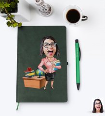 Kişiye Özel Kadın Öğretmen Karikatürlü Yeşil Termo Deri Defter Kalem Seti Model 5