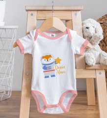 BK Kids Kişiye Özel Sevimli Astronot Tasarımlı Pembe Bebek Body Zıbın ve Mama Önlüğü Hediye Seti-3
