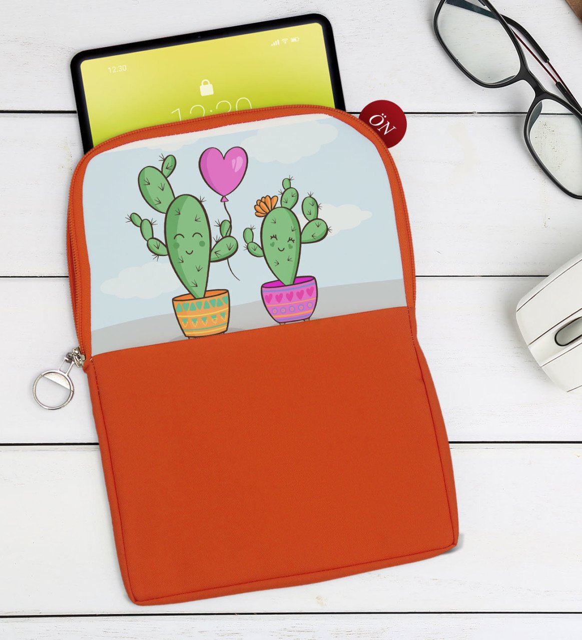 BK Gift Kaktüs Tasarımlı Taşınabilir Koruyucu Tablet Kılıfı & Organizer Çanta - Turuncu-2