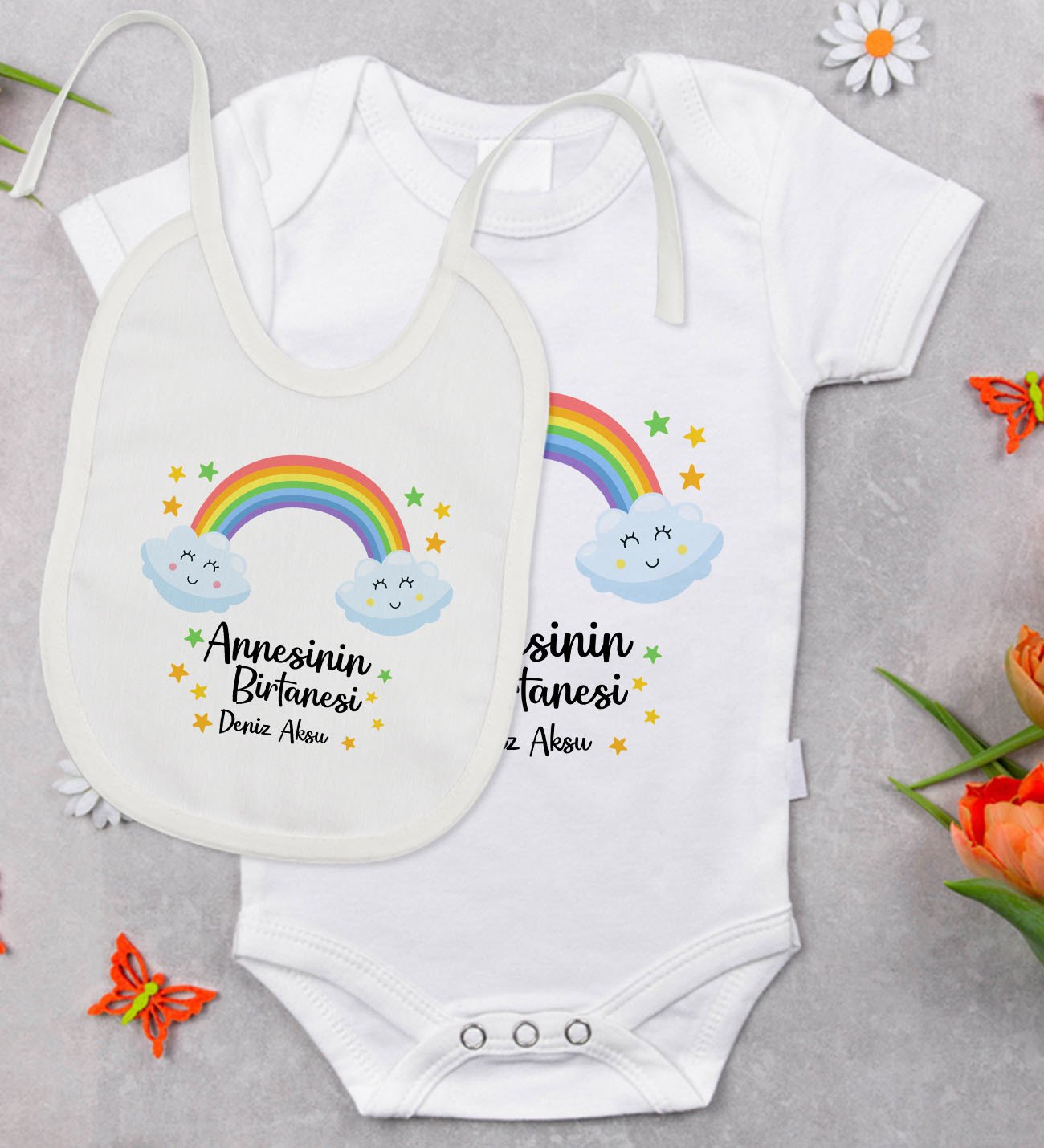 BK Kids Kişiye Özel Annesinin Bir Tanesi Tasarımlı Bebek Body Zıbın ve Mama Önlüğü Hediye Seti - Model 1