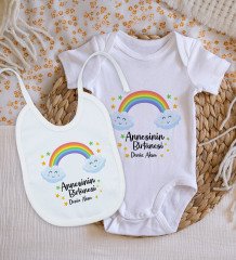 BK Kids Kişiye Özel Annesinin Bir Tanesi Tasarımlı Bebek Body Zıbın ve Mama Önlüğü Hediye Seti - Model 1