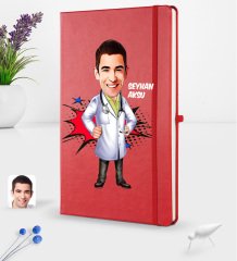 Kişiye Özel Erkek Doktor Karikatürlü Kırmızı Termo Deri Defter 16x24cm Model 2