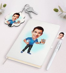 Kişiye Özel Antrenör Karikatürlü Beyaz Defter Kalem ve Anahtarlık Hediye Seti