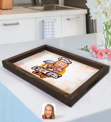 Kişiye Özel Kadın Chef Karikatürlü Doğal Ahşap Tepsi-15