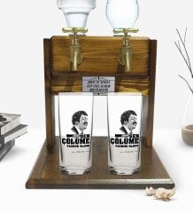 Kişiye Özel Renkli Baskılı Çünkü Sen Çölüme Yağmur Oldun Tasarımlı İkili Rakı Bardağı ve Çift Musluklu Doğal Ahşap Rakı Standı-8
