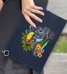 BK Gİft Yaz Temalı-9 Astarlı Lacivert Portföy Çanta 30x21cm, Baskılı El Çantası, Organizer Çanta