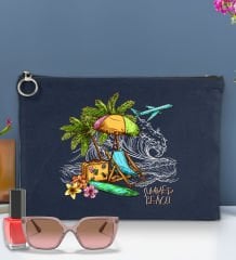BK Gİft Yaz Temalı-9 Astarlı Lacivert Portföy Çanta 30x21cm, Baskılı El Çantası, Organizer Çanta