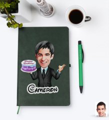 Kişiye Özel Erkek Doğum Günü Karikatürlü Yeşil Termo Deri Defter Kalem Seti Model 2