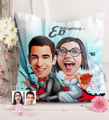 Kişiye Özel Evleniyoruz Karikatürlü Saten Yastık - 3