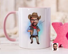 Bk Gift Kişiye Özel Kovboy Karikatürlü Pembe Kupa Bardak-4, Sevgiliye Hediye, Arkadaşa Hediye
