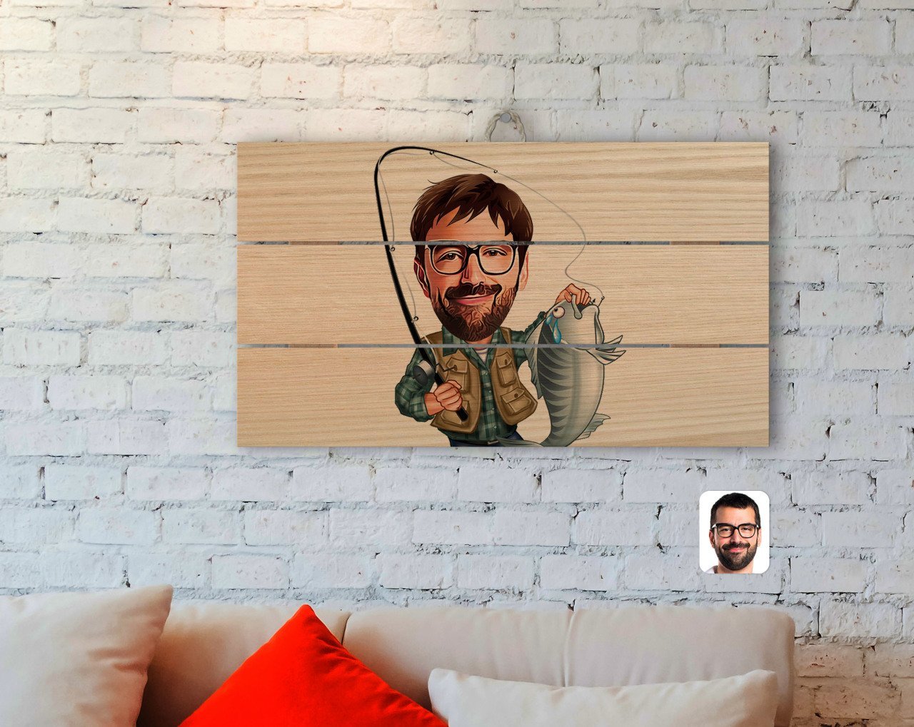 Kişiye Özel Erkek Balıkçı Karikatürlü Otantik Ahşap Palet Tablo