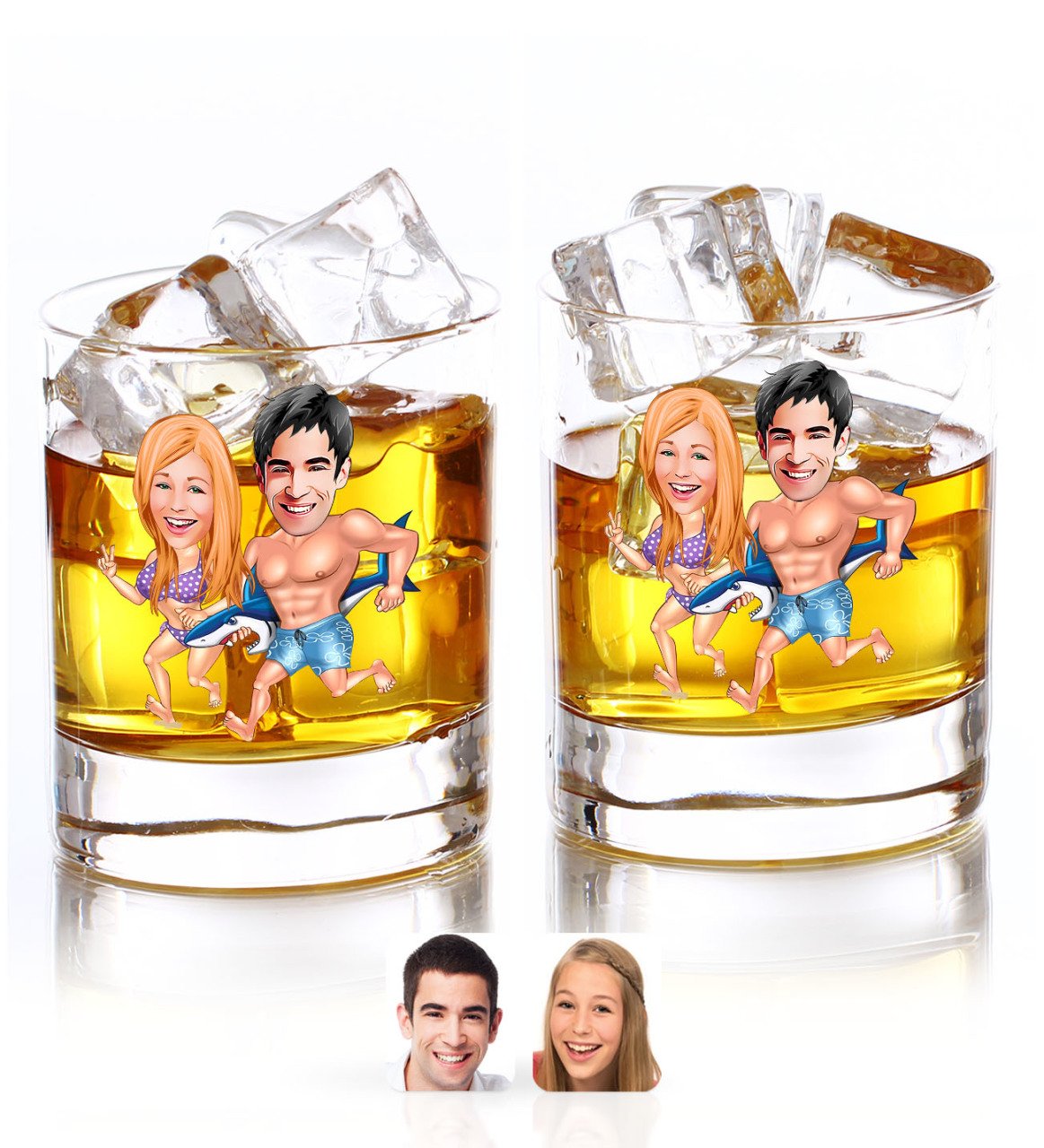 Kişiye Özel Renkli Baskılı Sevgililer Karikatürlü İkili Viski Bardağı-8