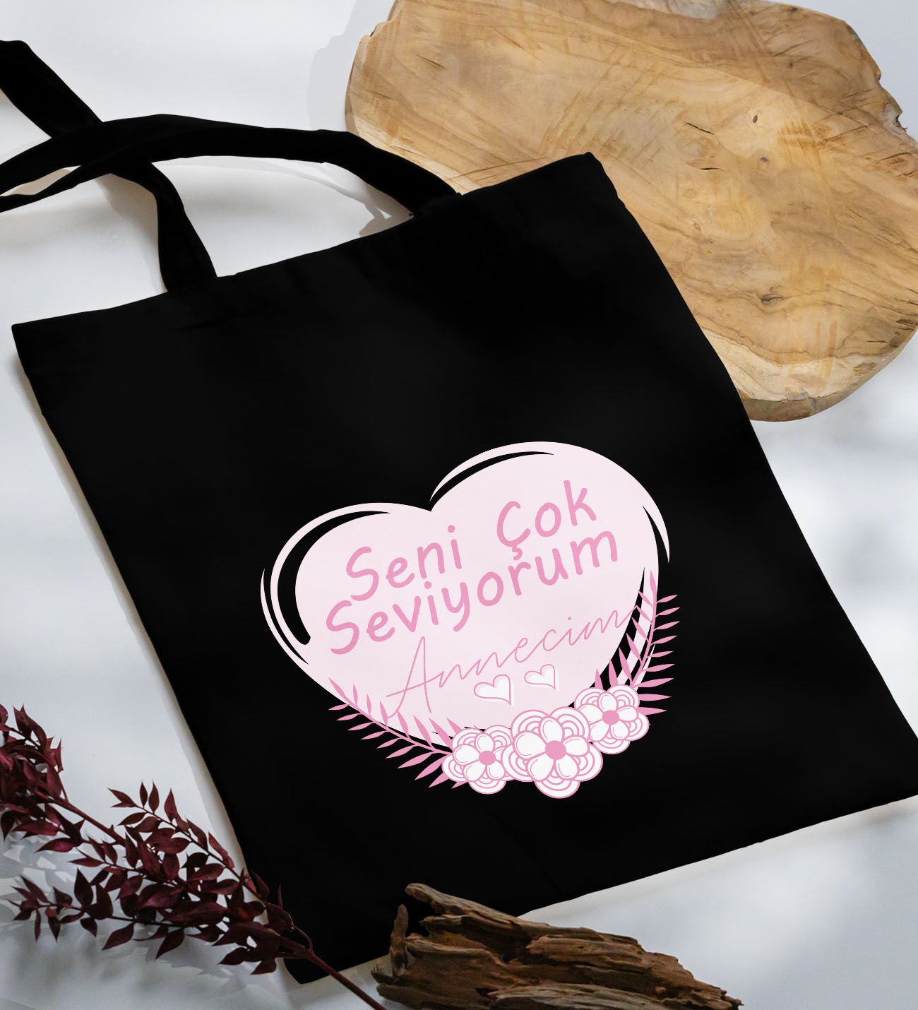 BK Gift Anneler Günü Tasarımlı Siyah Kumaş Bez Çanta, Baskılı Omuz Çantası, Alışveriş Çantası, Anneler Günü Hediyesi, Anneye Hediye-1