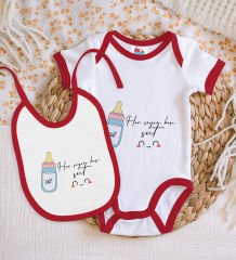 BK Kids Her Şeyin Başı Süt Tasarımlı Kırmızı Bebek Body Zıbın ve Mama Önlüğü Hediye Seti-1