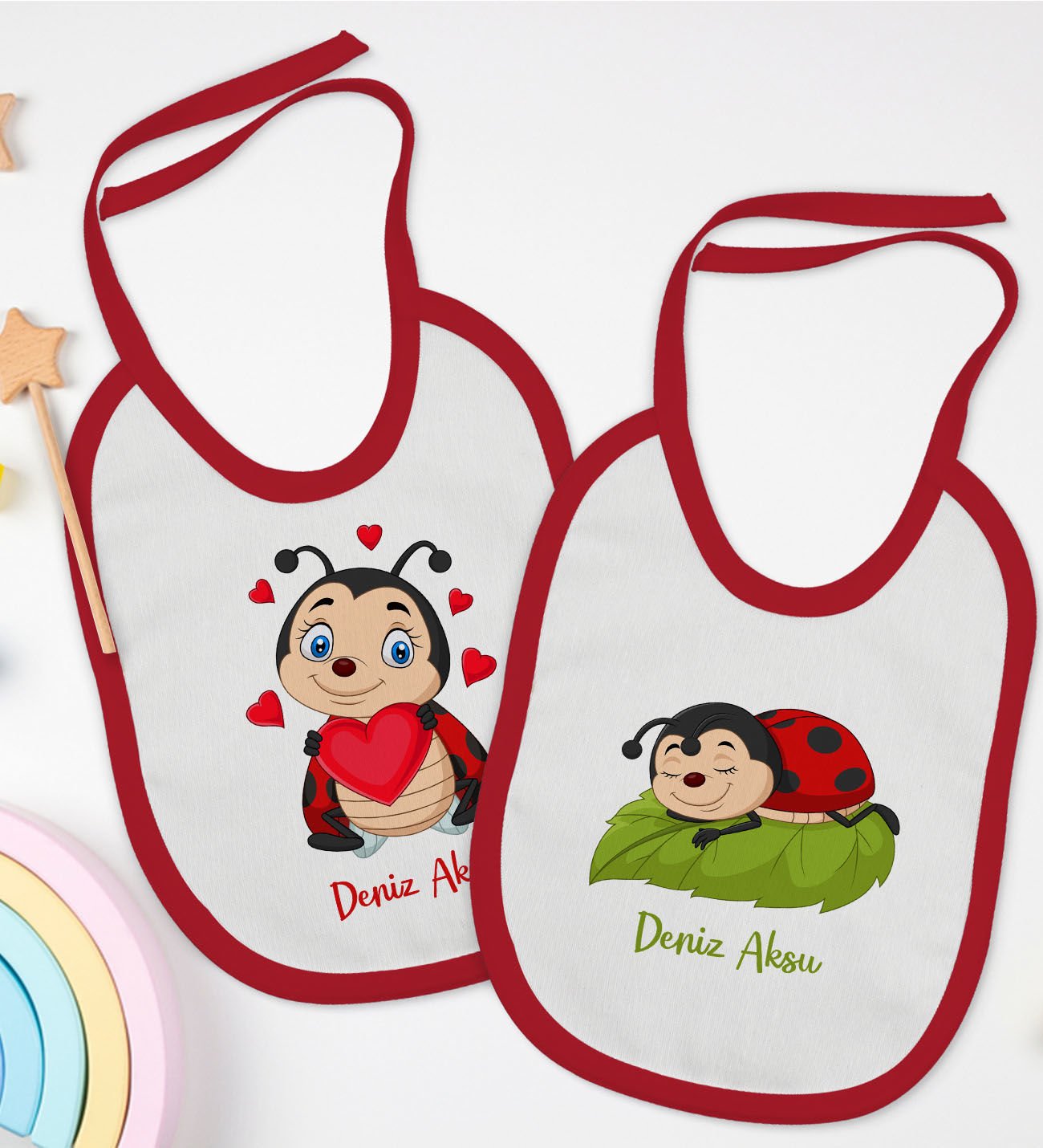 BK Kids Kişiye Özel Uğur Böceği Tasarımlı 2’li Kırmızı Mama Önlüğü-1