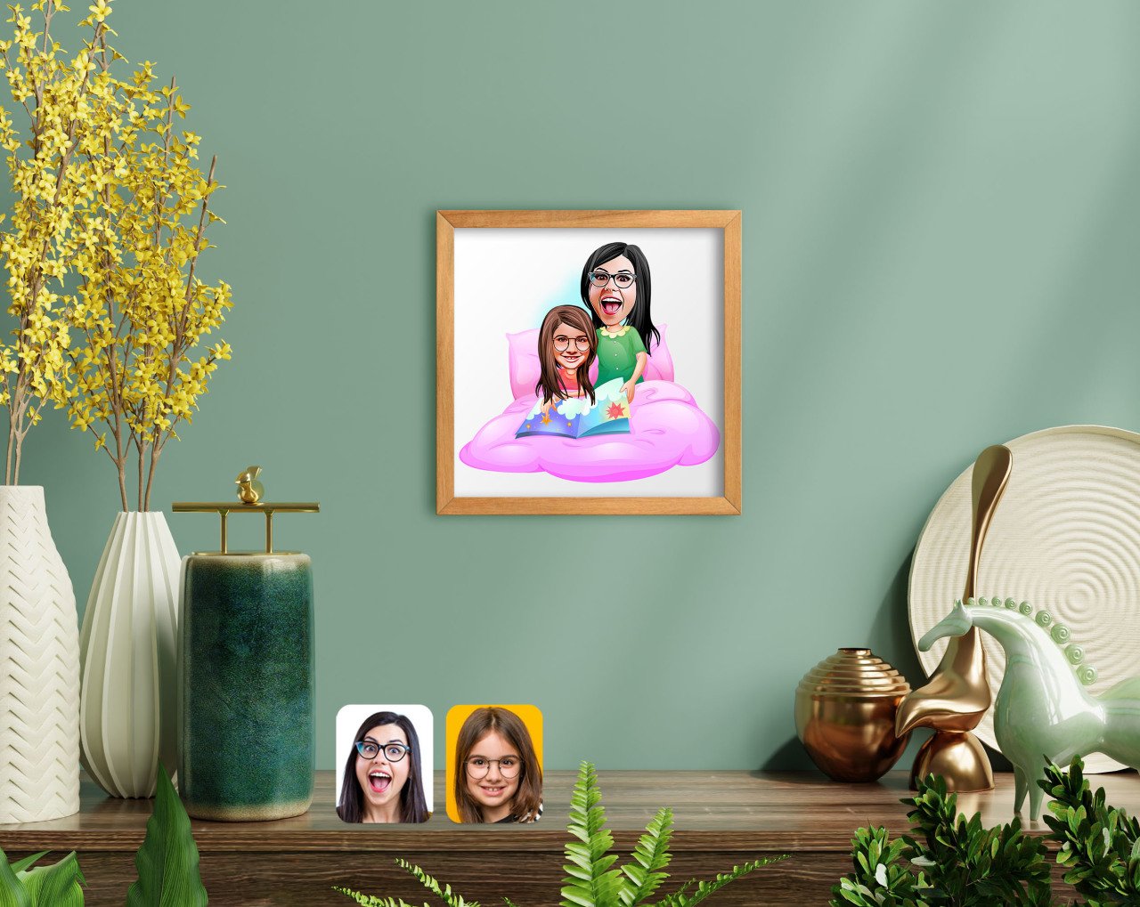 BK Home Anne Kız Karikatürlü El Yapımı Ahşap Çerçeveli Tablo-3