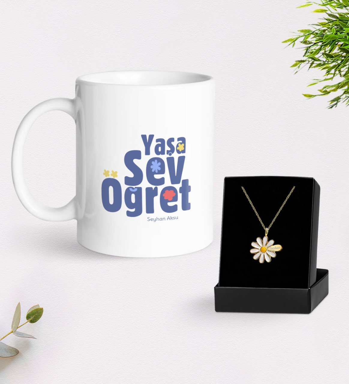 Kişiye Özel Yaşa Sev Öğret Kupa Ve Papatya Kolye Hediye Seti-2