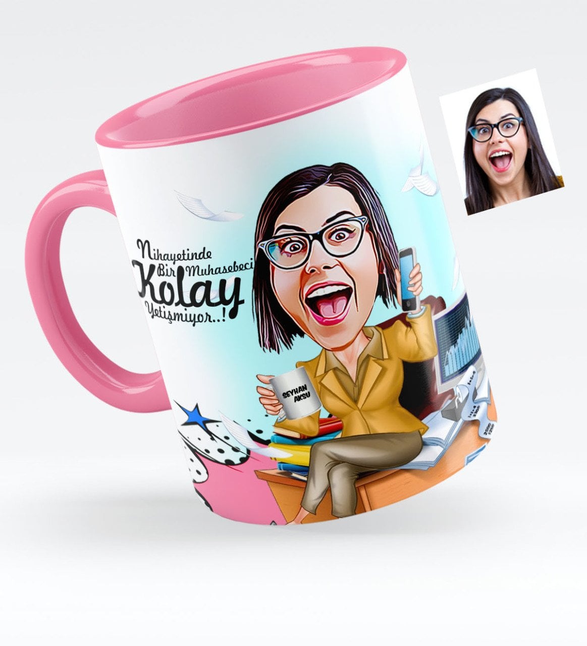 Kişiye Özel Bayan Muhasebeci Karikatürlü Pembe Kupa Bardak - 1