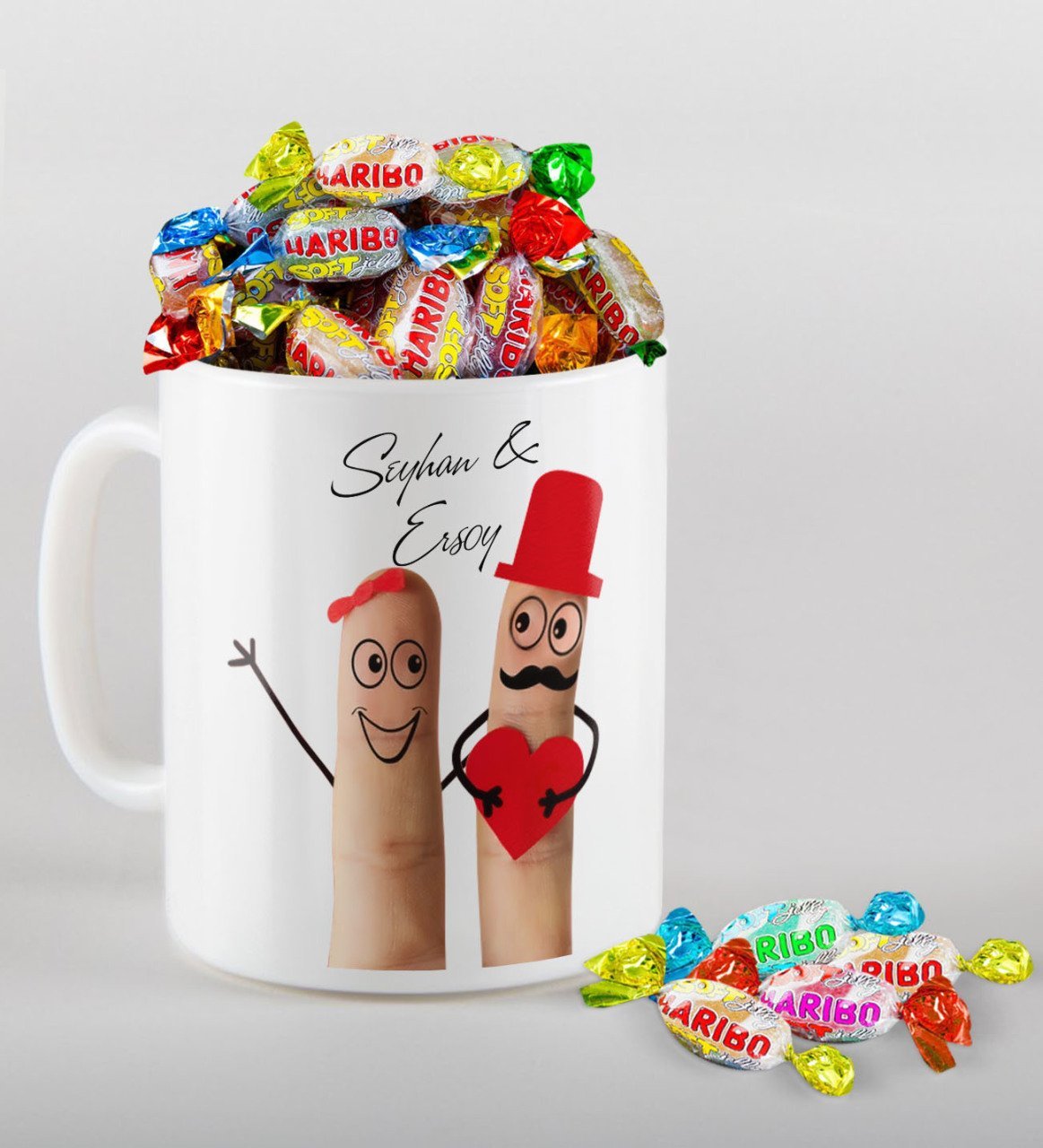 Kişiye Özel Sevgililer Günü Beyaz Kupa ve Haribo Şeker Hediye Seti-79