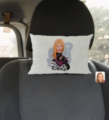 Kişiye Özel İsimli Kadın Motorcu Karikatürlü Dikdörtgen Araç Koltuk Yastığı-1